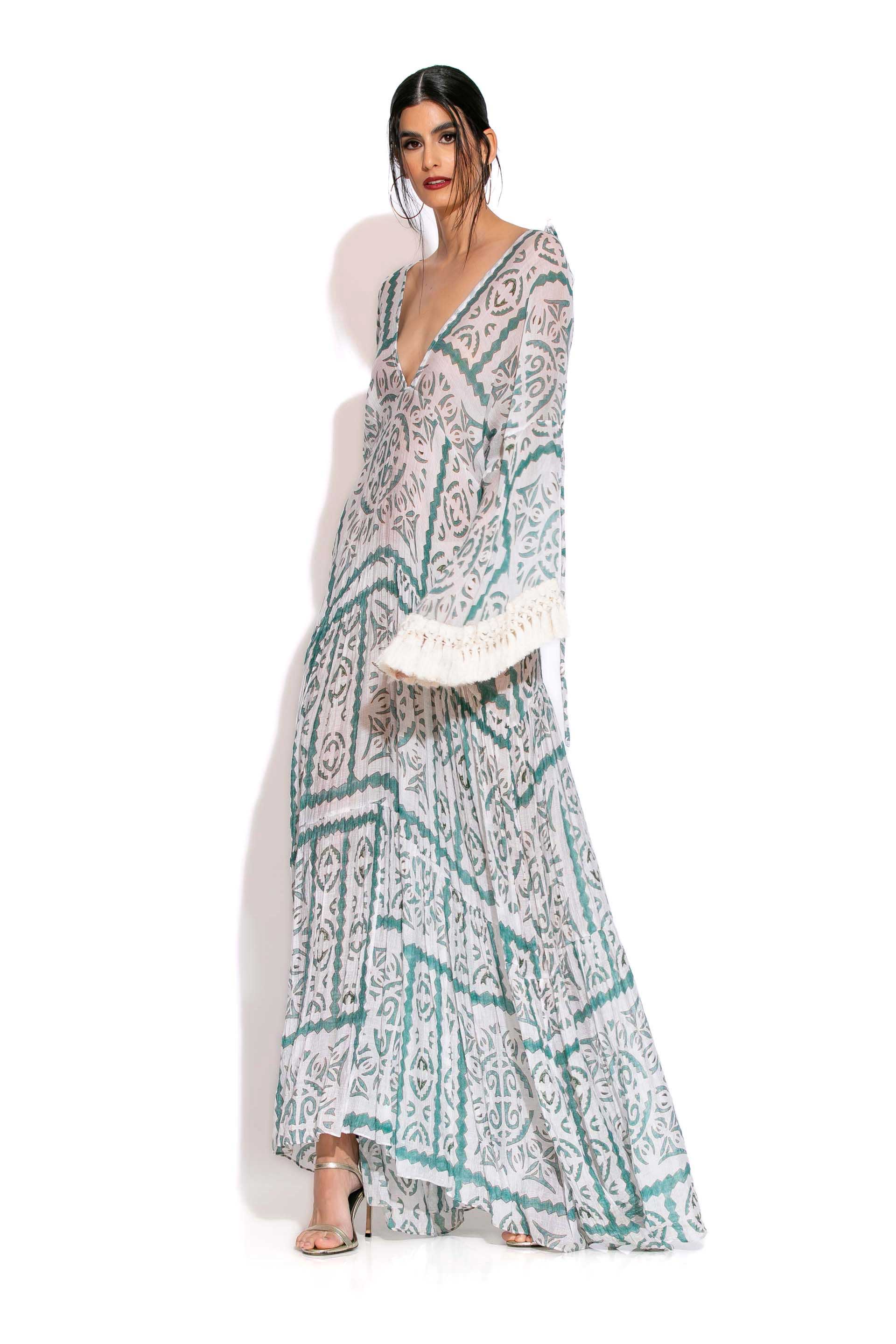 Maxi fringe embellished voile print dress