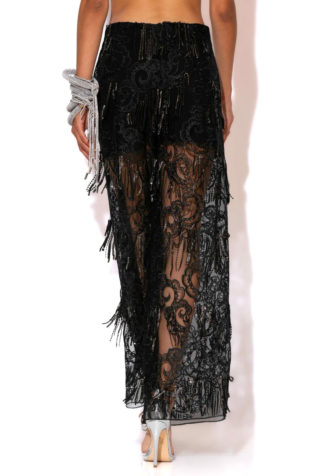 C-THROU Exclusive Black Fringed Sequined High waist Wide-leg Pants With back zip and extra black jersey shorts for coverage