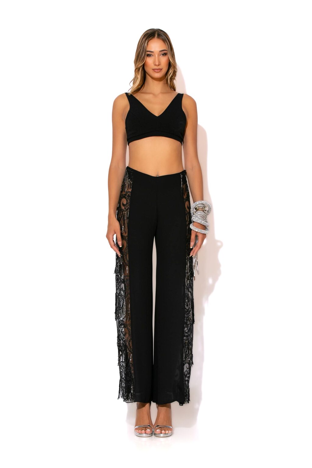 C-THROU Exclusive Evening Fringed Sequined high waist wide-leg Pants With back zip and extra black jersey shorts for coverage