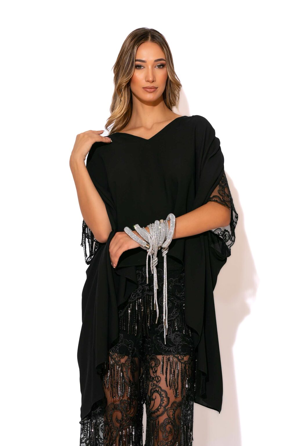 C-THROU Exclusive Fringed Sequined black georgette Loose fit Cocktail Caridad blouse Embellished with Sequined fringed mesh on the shoulders