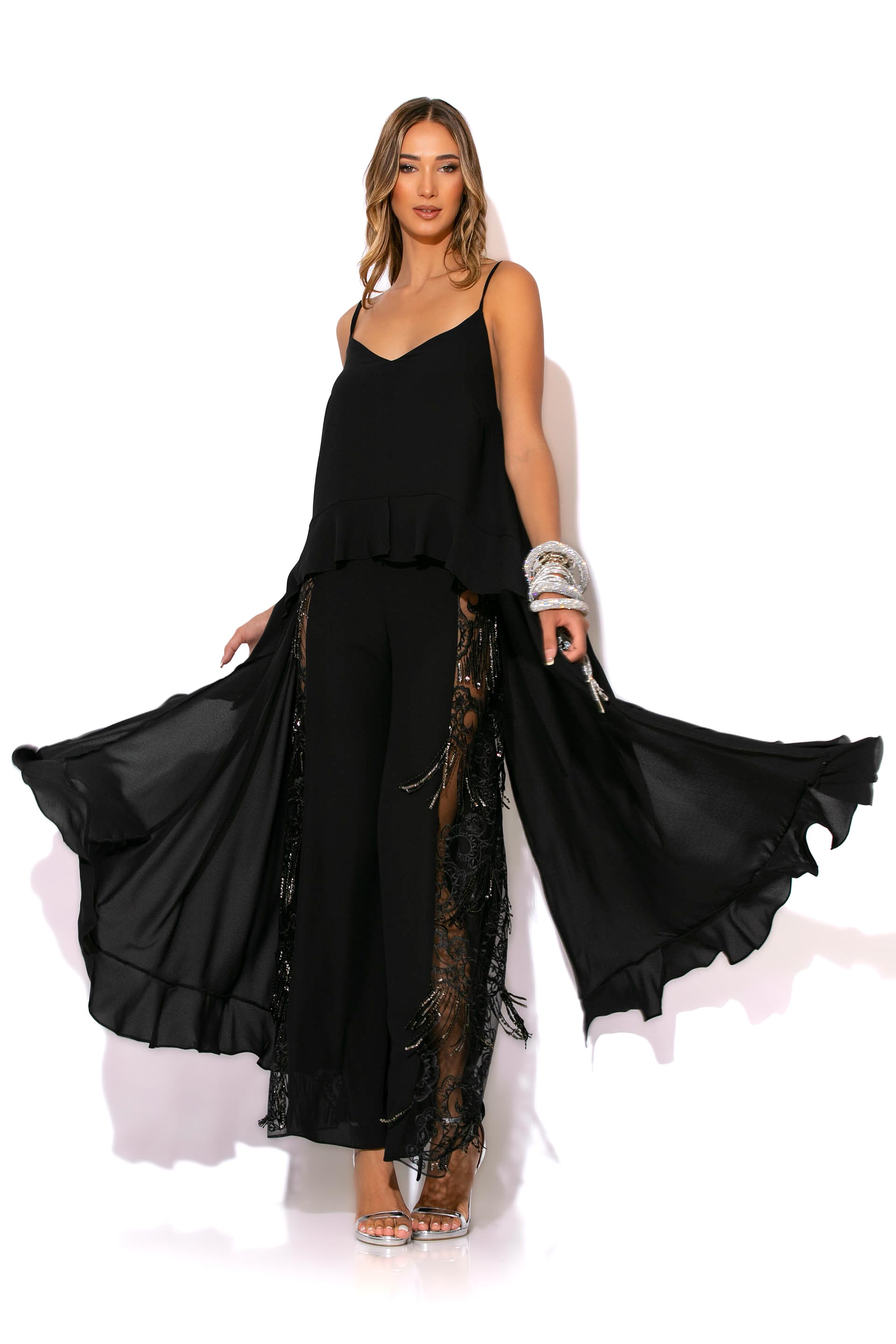 C-THROU Exclusive Asymmetric Maxi black Georgette Camisole loose Carla Tunic with open back and ruffled hem that ties back