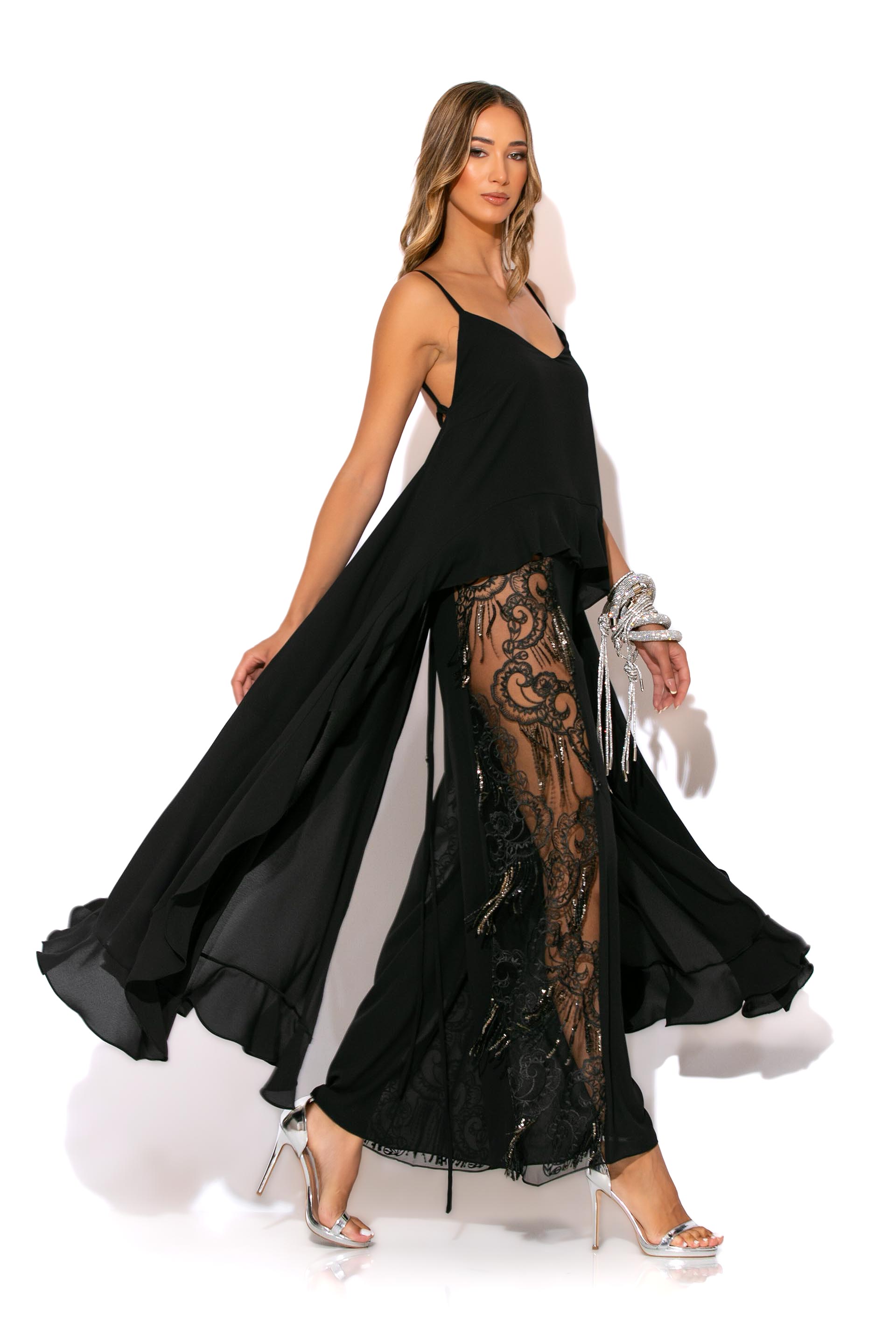 C-THROU Exclusive Asymmetric Maxi black Georgette Camisole loose Carla Tunic with open back and ruffled hem that ties back