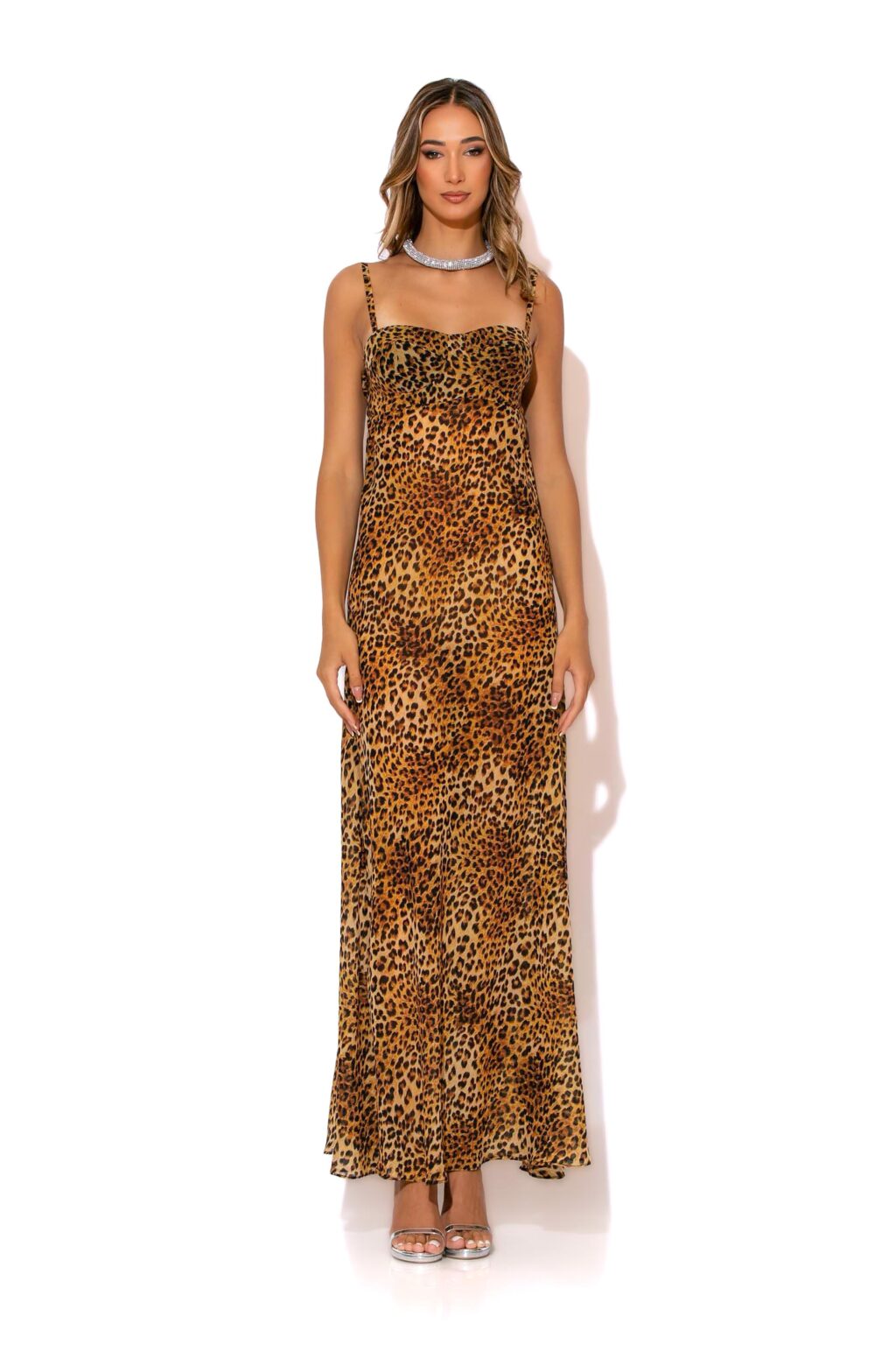 Animal-print chiffon maxi bustier dress