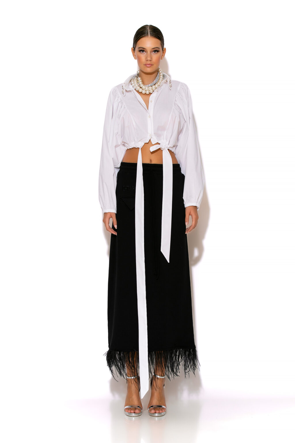 C-THROU Crystal-Embellished Tie front Crop Shirt. C-THROU Crystal-Embellished Tie front Crop Shirt with crystal-embellished pointed collar