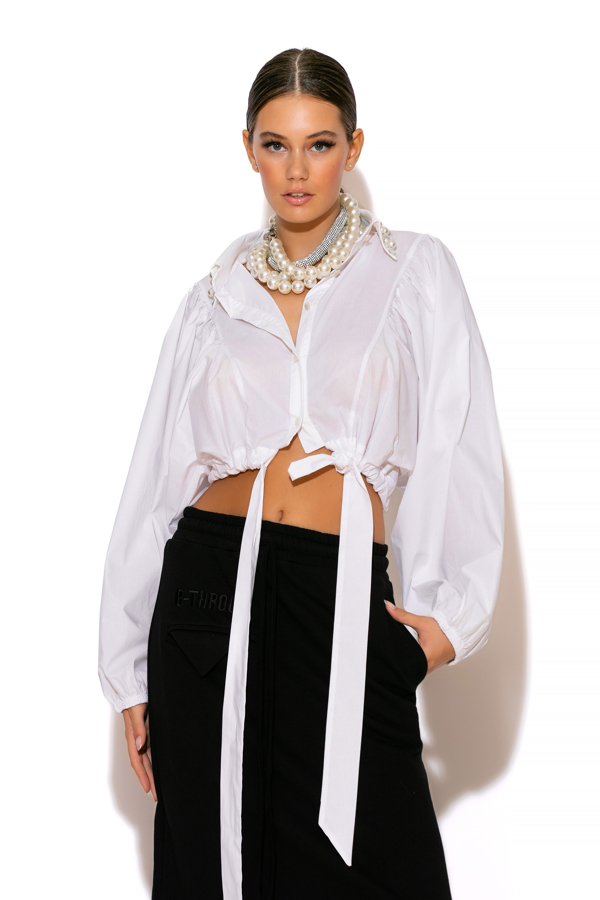 C-THROU Crystal-Embellished Tie front Crop Shirt. C-THROU Crystal-Embellished Tie front Crop Shirt with crystal-embellished pointed collar