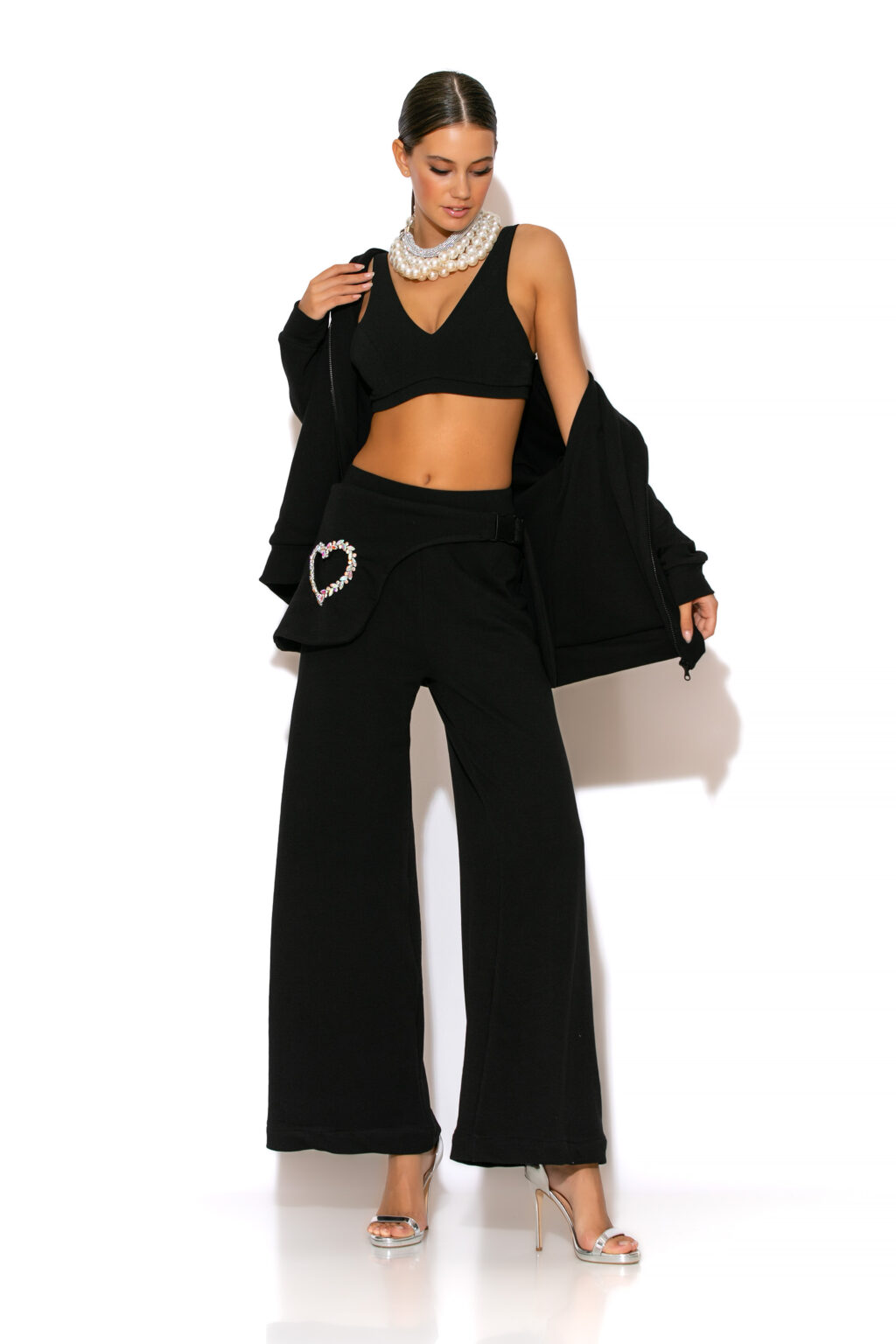 C-THROU Terry Cotton Crystal Embellished Belt High-Waist Pants with Extra Crystal Embellished Heart shaped Belt with clip