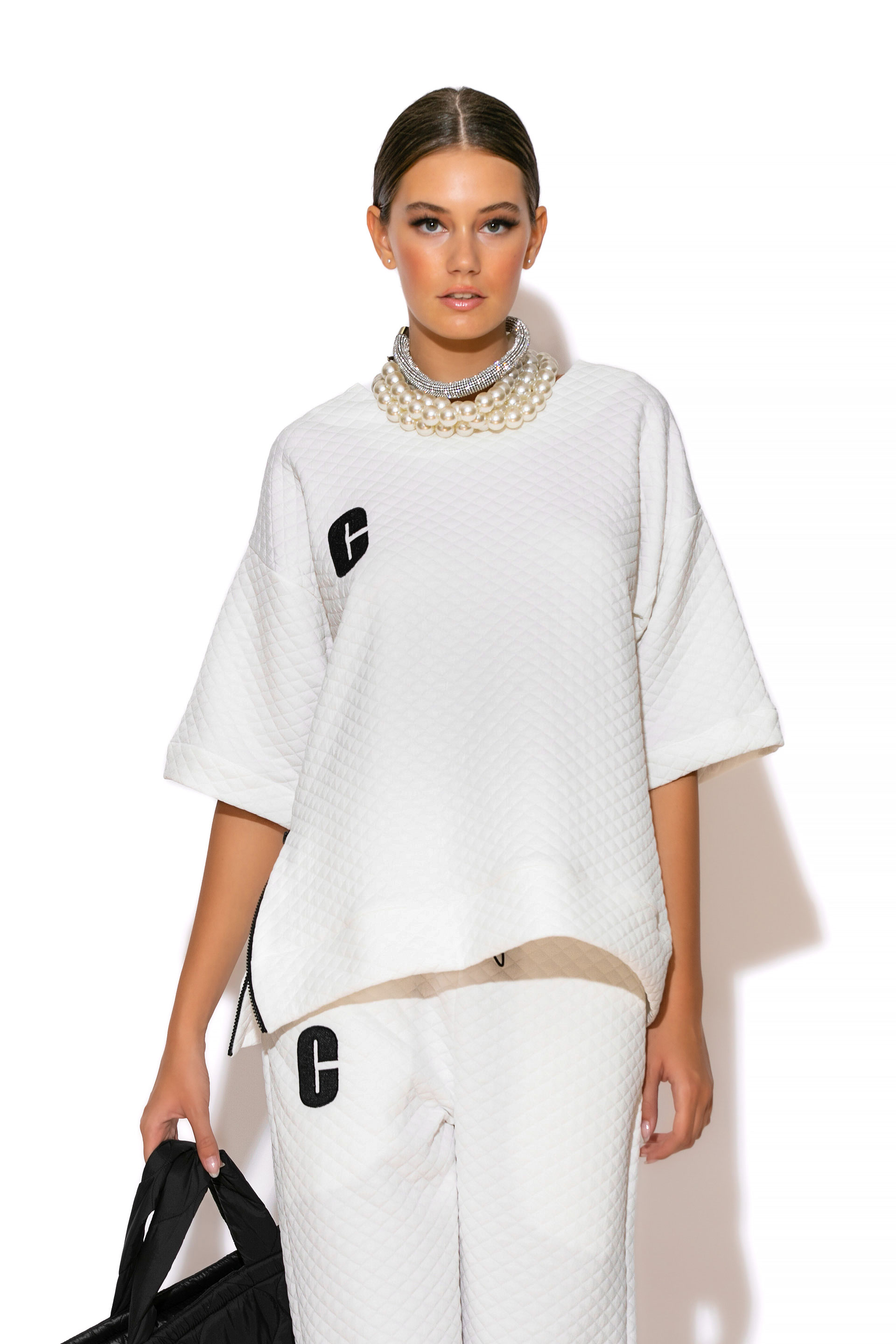 C-THROU EveryDay Quilted Ponte Embroidered With Brand's logo on the chest Iosifina Blouse With Side Zip, Short Sleeves and round neck