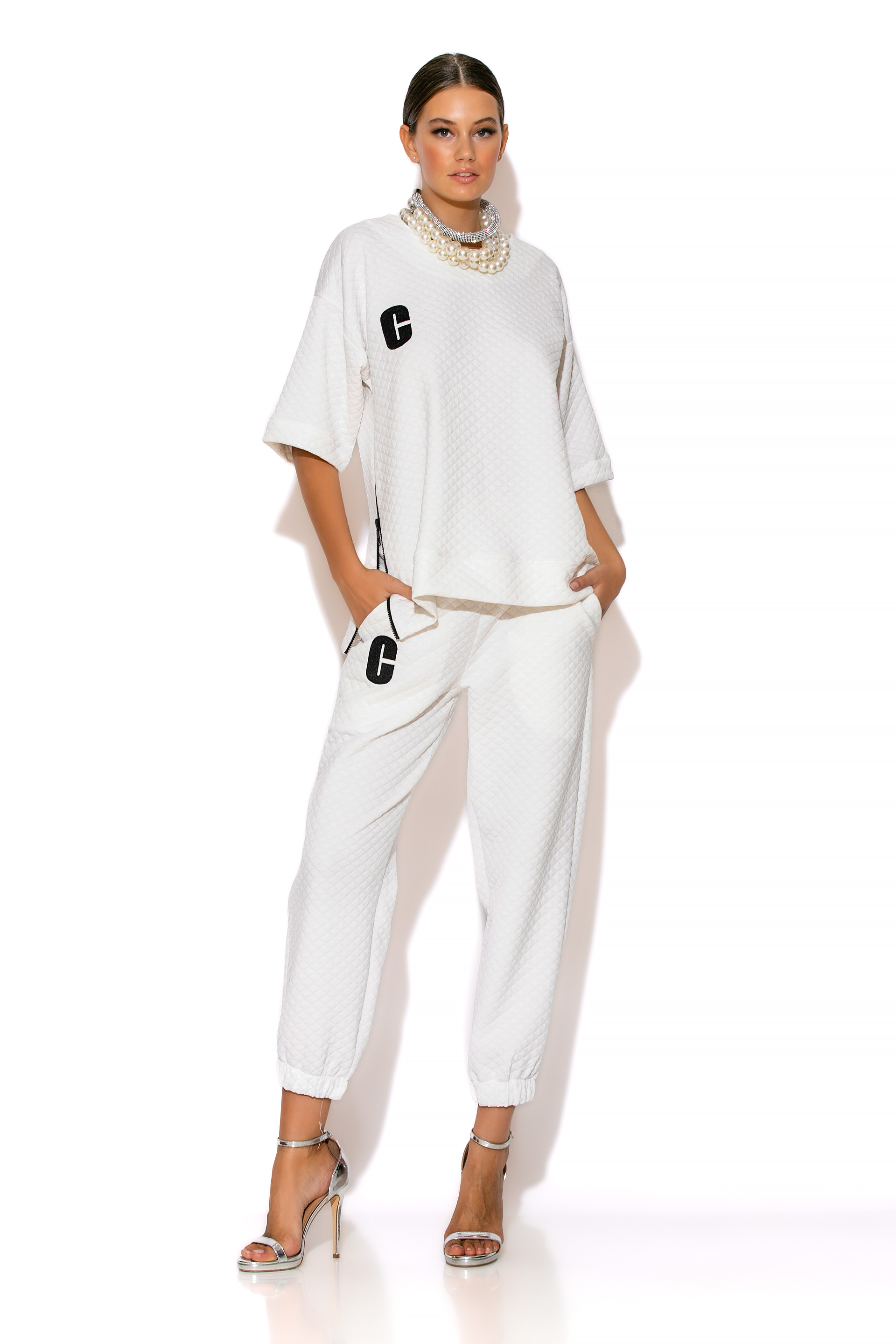 C-THROU EveryDay Quilted Ponte Embroidered With logo Iosifina Pants With Side Pockets and Drawstring Elasticated Waistband