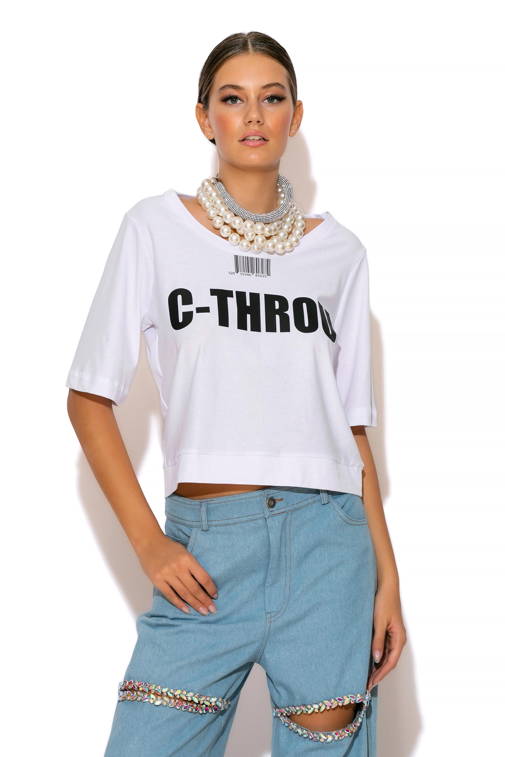 C-THROU Logo embellished crop T-shirt. C-THROU Logo embellished crop cotton T-shirt with Short sleeves and Round Neckline