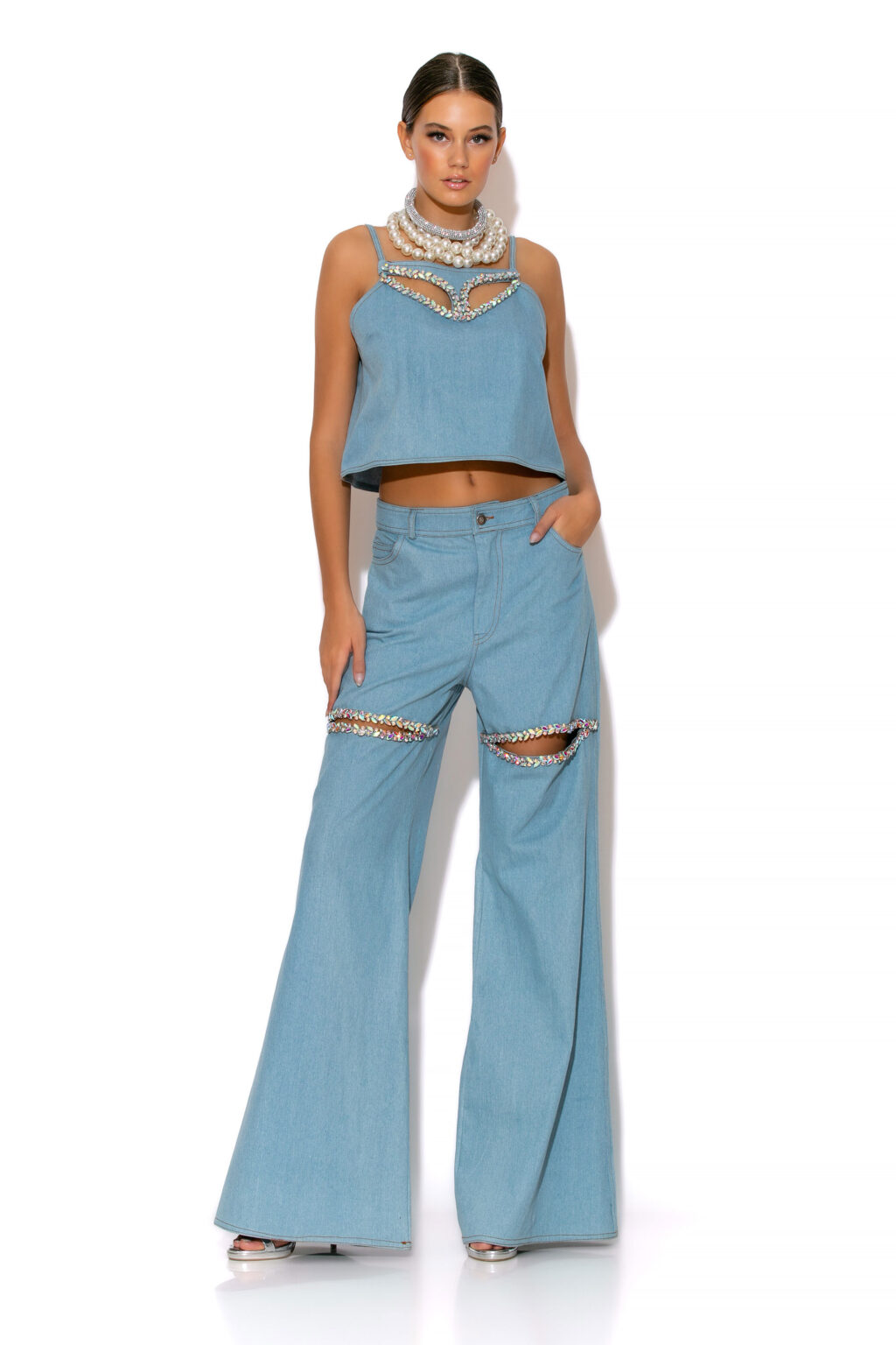 C-THROU Crystal-Embellished Cutout Denim Pants. C-THROU Crystal-Embellished Cutout Wide-leg Denim Pants with Logo Embroidered at the back