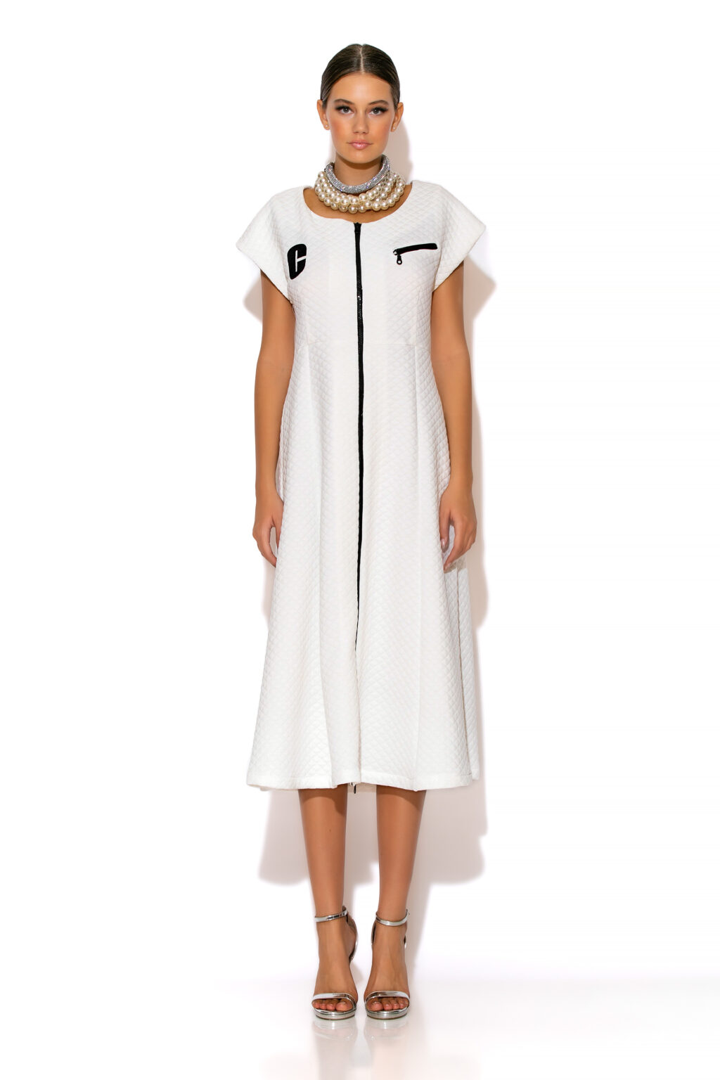 C-THROU Iosifina front zip quilted midi embroidered dress