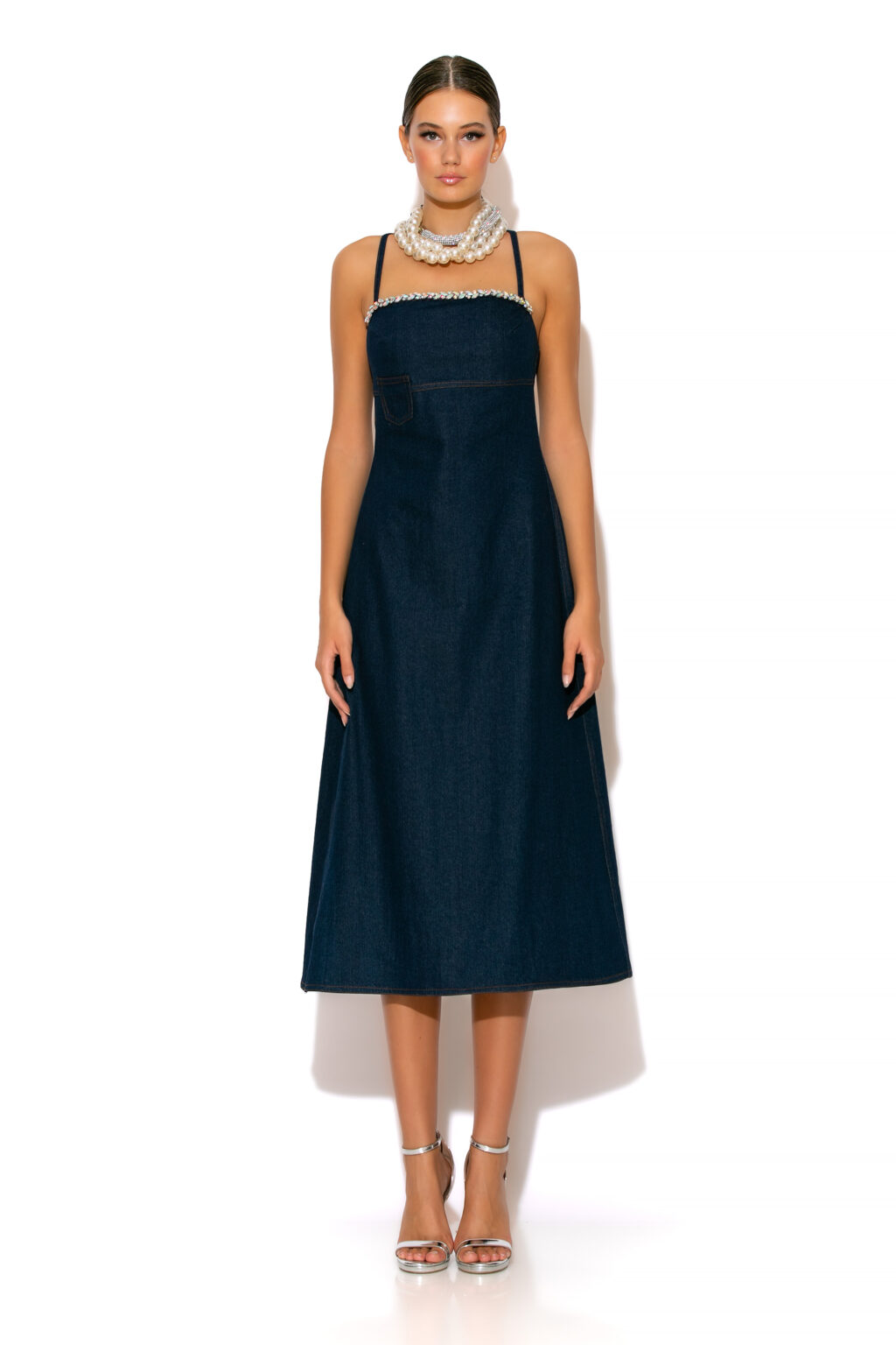 C-THROU Halterneck Crystal-embellished Midi Denim A-line dress. C-THROU Halterneck Crystal-embellished Midi Denim A-line dress