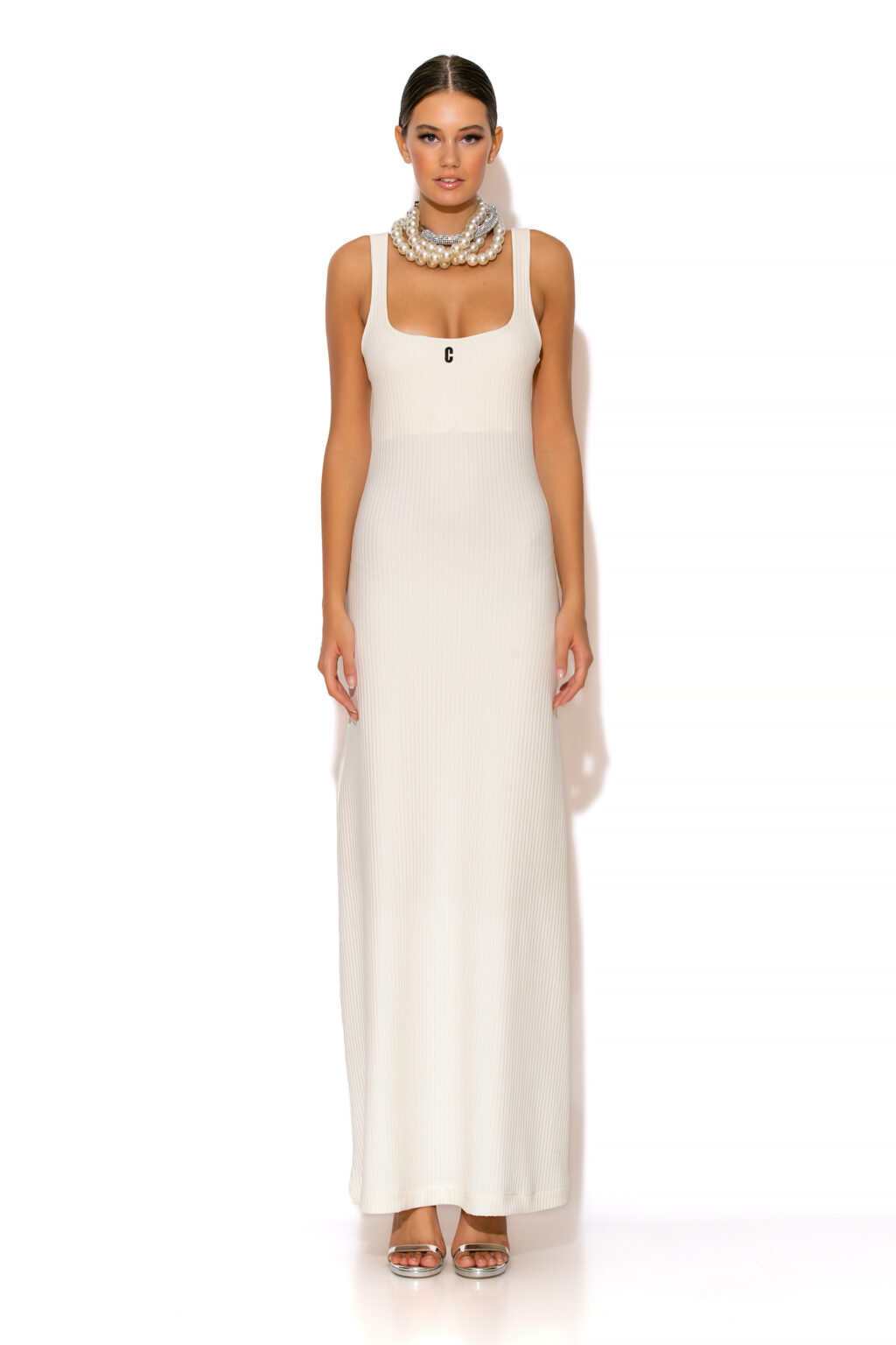 C-THROU Logo embroidered ribbed-knit maxi dress. C-THROU Logo embroidered ribbed-knit maxi dress with scooped neckline Designed for a close fit