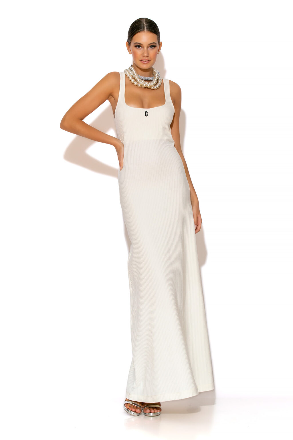 C-THROU Logo embroidered ribbed-knit maxi dress. C-THROU Logo embroidered ribbed-knit maxi dress with scooped neckline Designed for a close fit