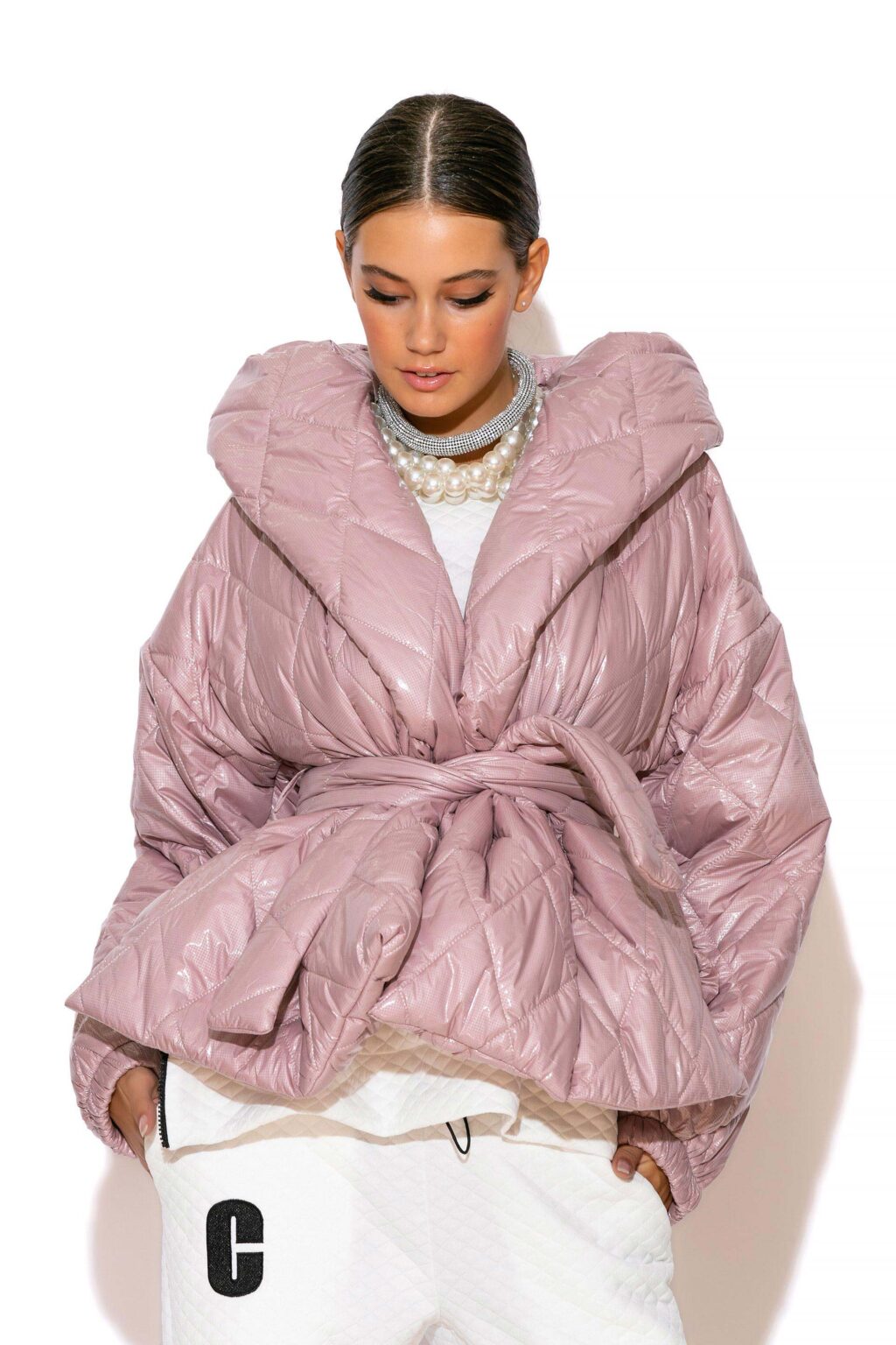 C-THROU Any Occasion Cocktail Quilted shell Hoodie Belted Puffer Jacket with long sleeves warm and chic made in greece drop shoulder