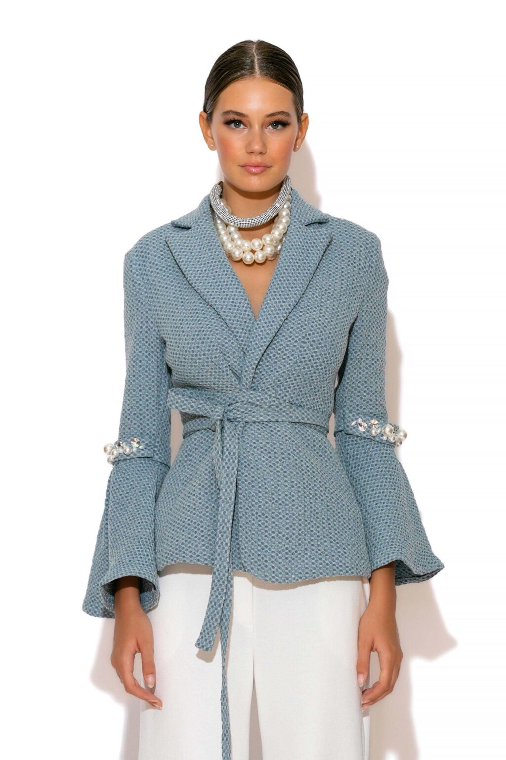 C-THROU Denim Jacquard Crystal-Embellished Jacket. C-THROU Denim Jacquard Crystal-Embellished Belted Jacket With Collar and Long Ruffled Sleeves