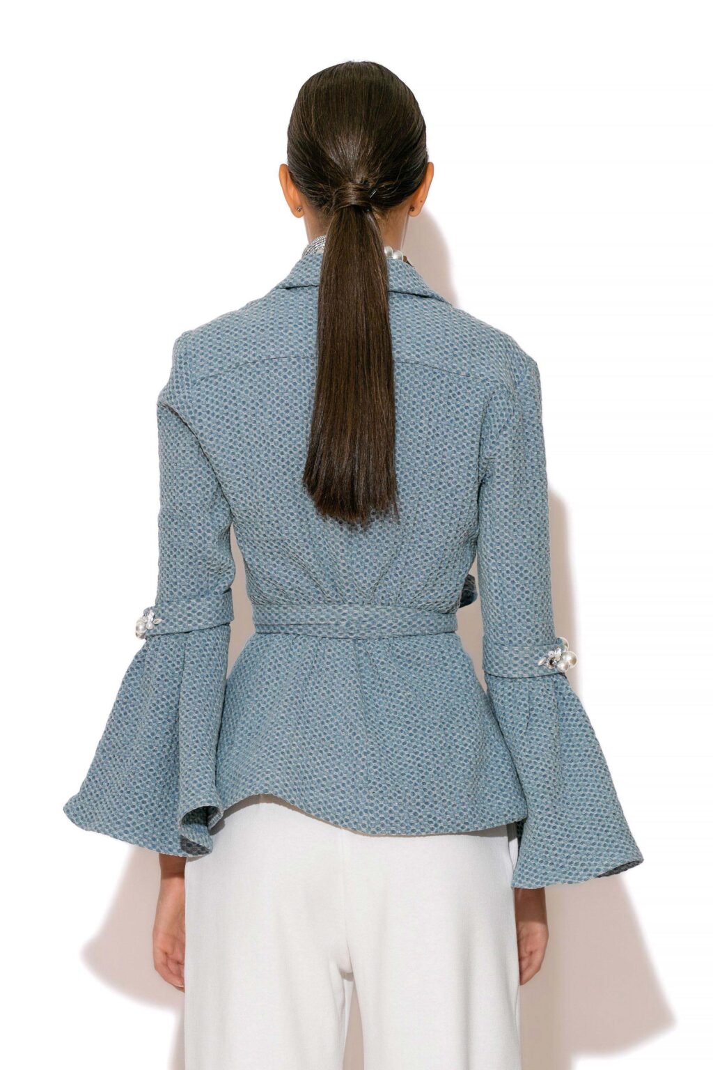 C-THROU Denim Jacquard Crystal-Embellished Jacket. C-THROU Denim Jacquard Crystal-Embellished Belted Jacket With Collar and Long Ruffled Sleeves