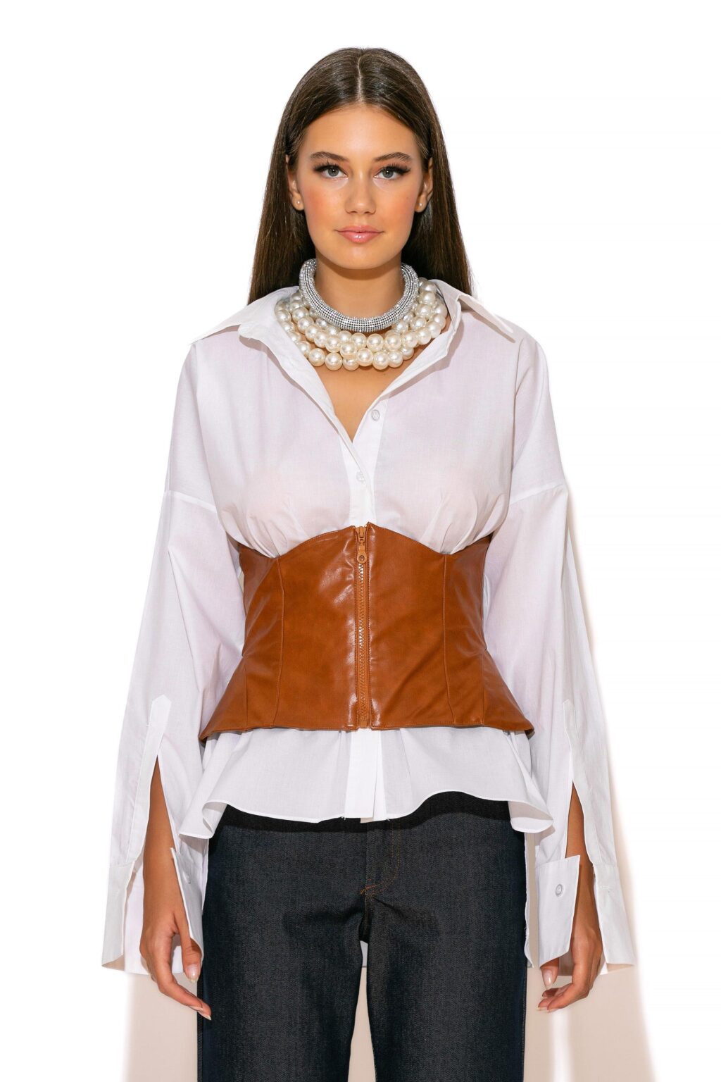 GOLD GLOW Popline Shirt With Faux Leather Waist Belt. GOLD GLOW Popline Shirt With Faux Leather Waist Belt with zip and pointed collar.