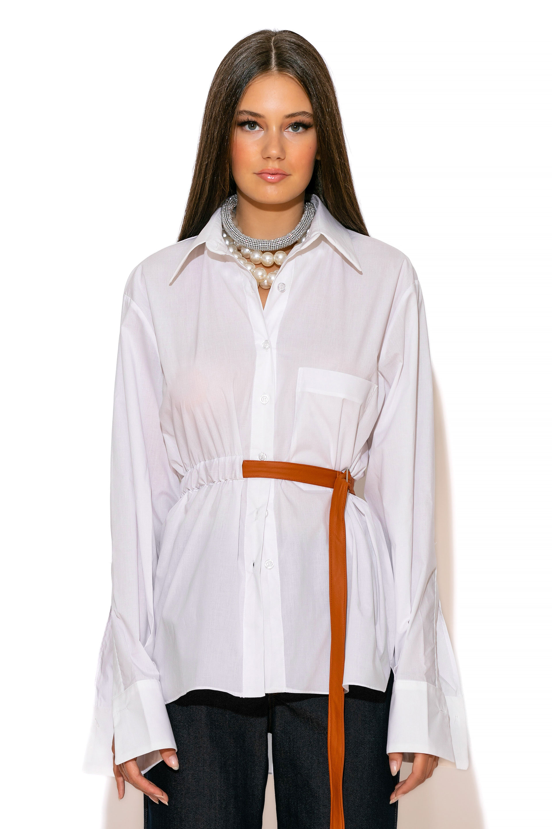 GOLD GLOW Popline Shirt with Faux Leather thin Belt. GOLD GLOW Popline Shirt with Faux Leather thin Belt and pointed collar.