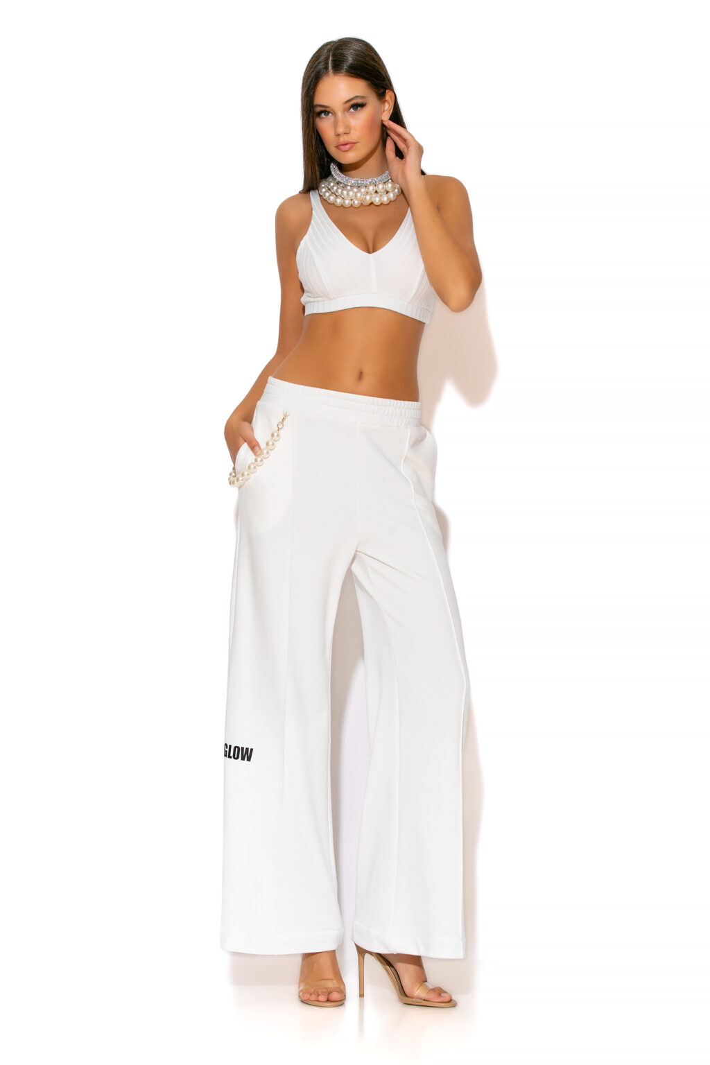 GOLD GLOW Terry Cotton Pearl and logo embellished Wide-leg Pants with Pearl Chain, logo, Elasticated Waist and Back pockets