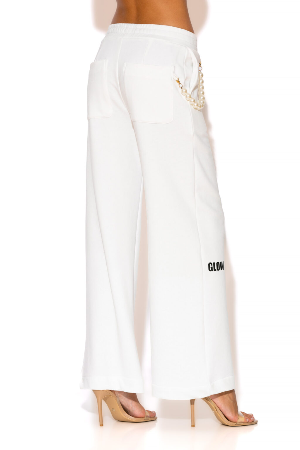 GOLD GLOW Terry Cotton Pearl and logo embellished Wide-leg Pants with Pearl Chain, logo, Elasticated Waist and Back pockets