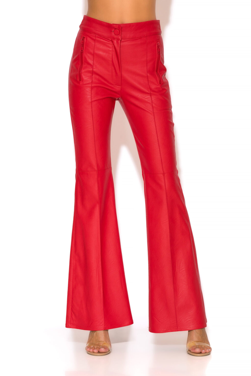 GOLD GLOW High Waisted Faux Leather Flared Pants with front zip Pockets and zip front tight fit Slim-leg with a flared hem