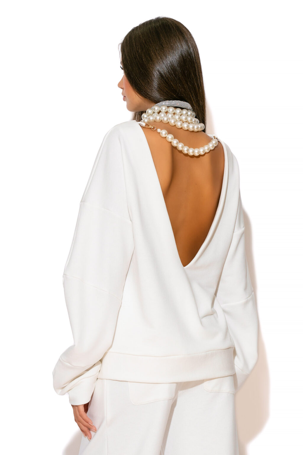 GOLD GLOW Every Day Terry Cotton Pearl and logo embellished Open Back Blouse with Pearl Chain at the back and long sleeves