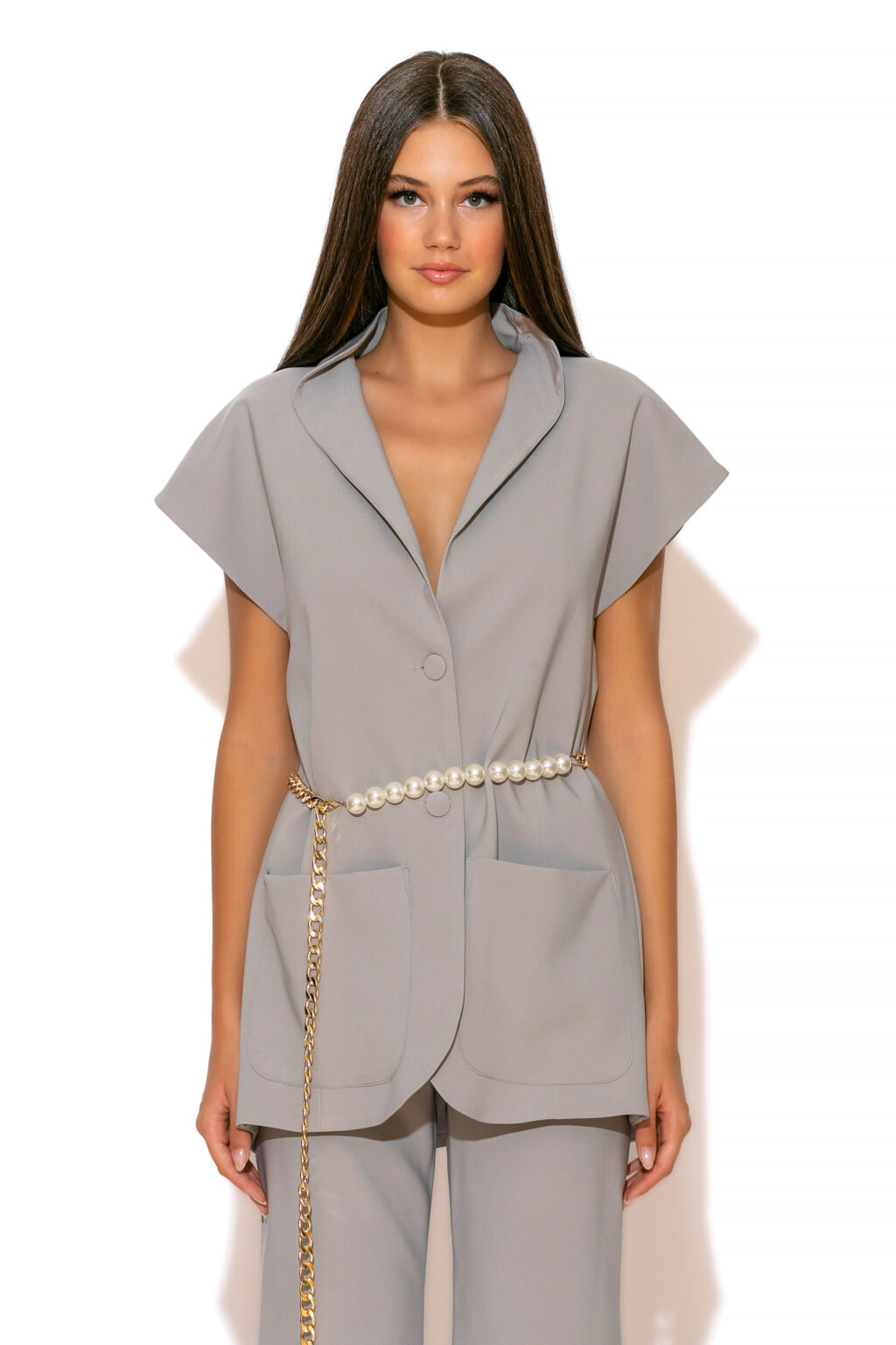 GOLD GLOW Crepe Loose fit Jacket with faux pearl chain belt with front pockets short sleeves and button fastening through front