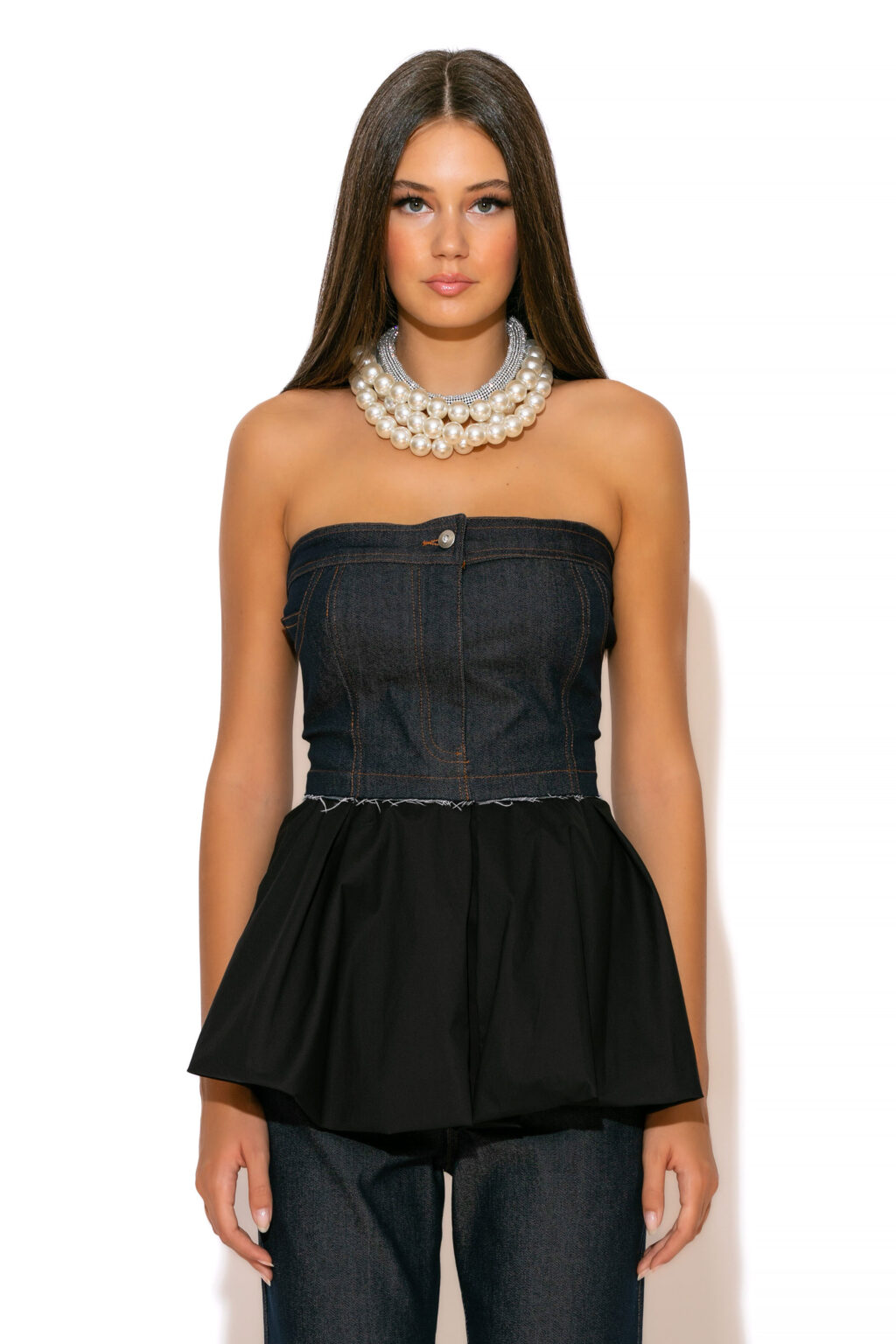 GOLD GLOW Denim Strapless Peplum Bustier top. GOLD GLOW Denim Strapless Peplum Bustier top with popline hem and front and back zip