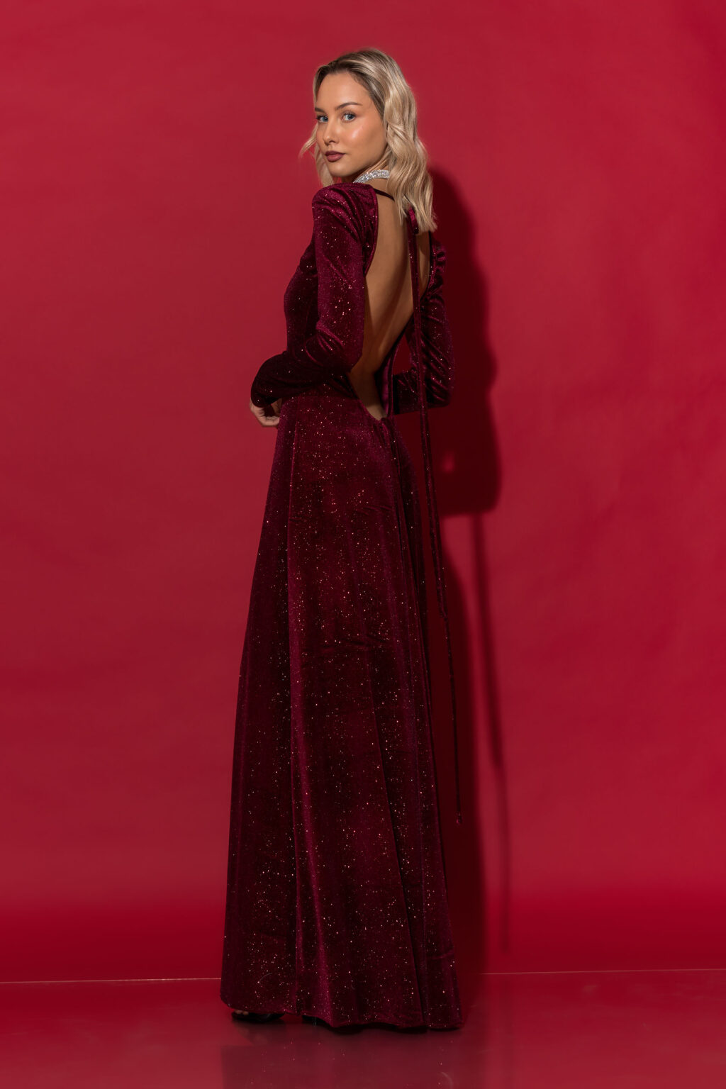 C-THROU Exclusive Maxi velvet glitter open back dress. C-THROU Exclusive Maxi velvet glitter open back dress with long sleeves