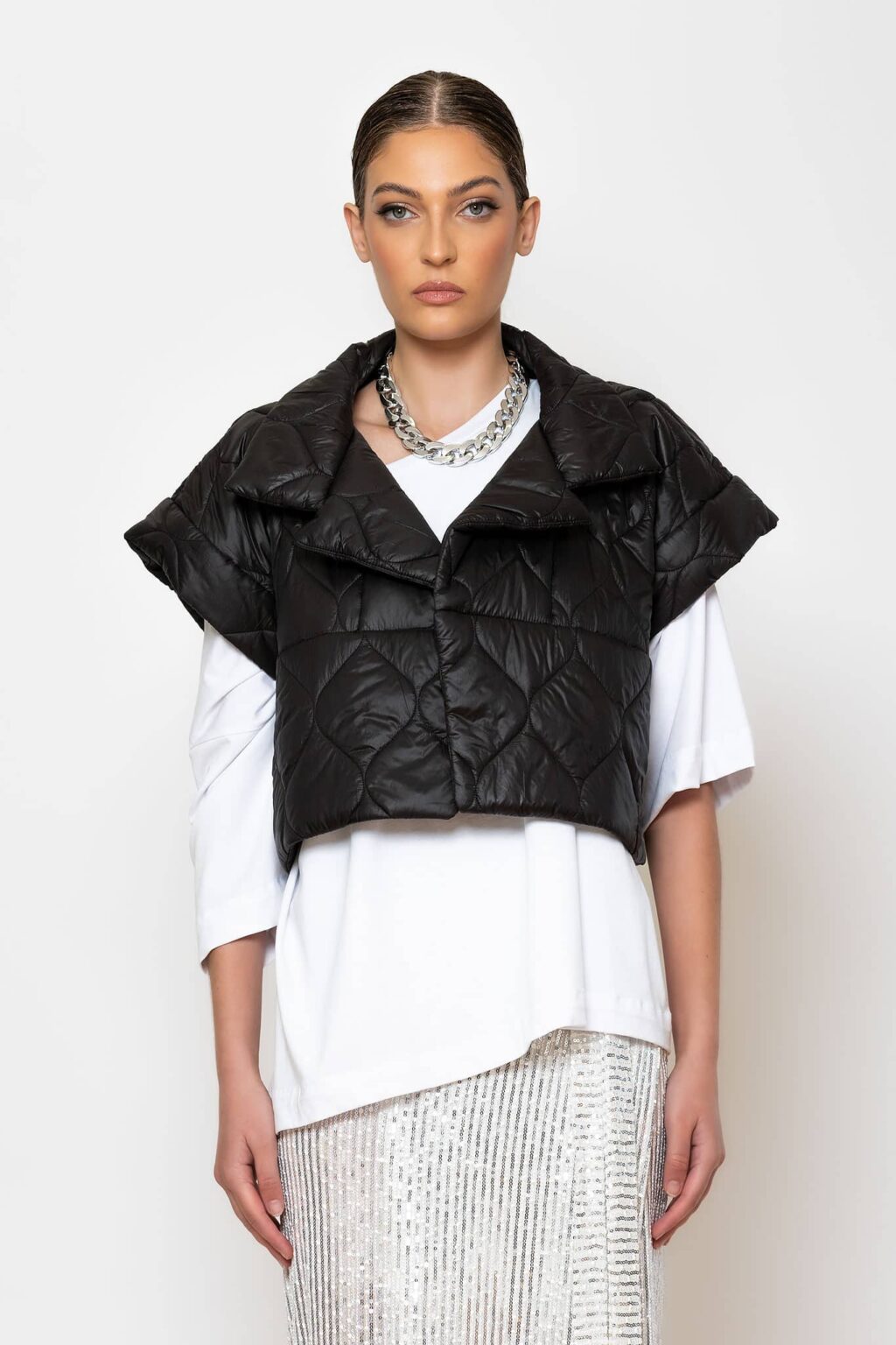 Crystal embellished embroidered puffer jacket