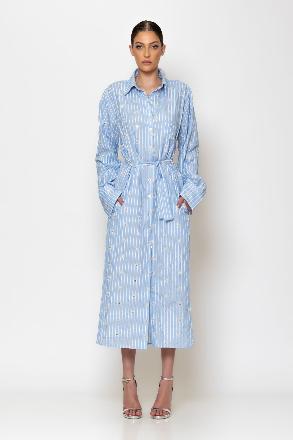 Striped sequined popline shirt dress