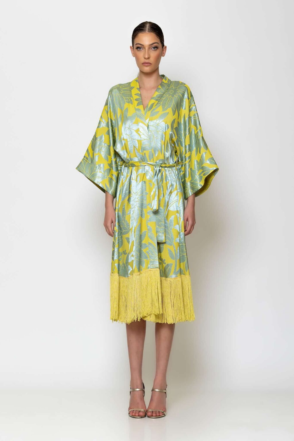 Belted fringed kimono dress