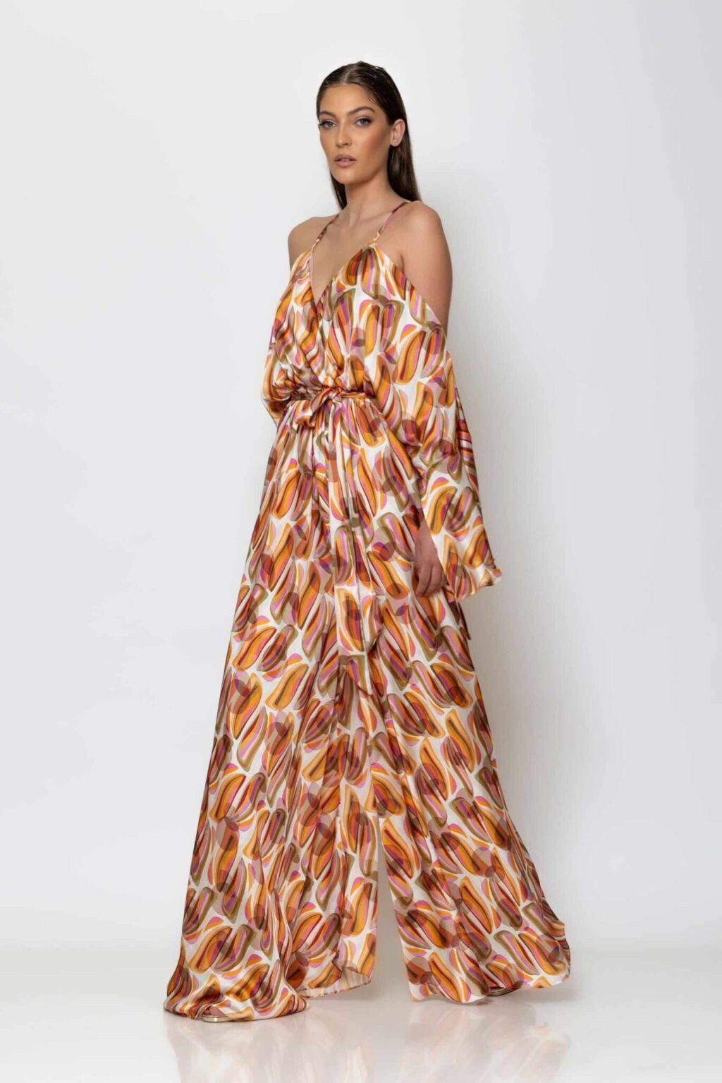 Satin print wide leg jumpsuit