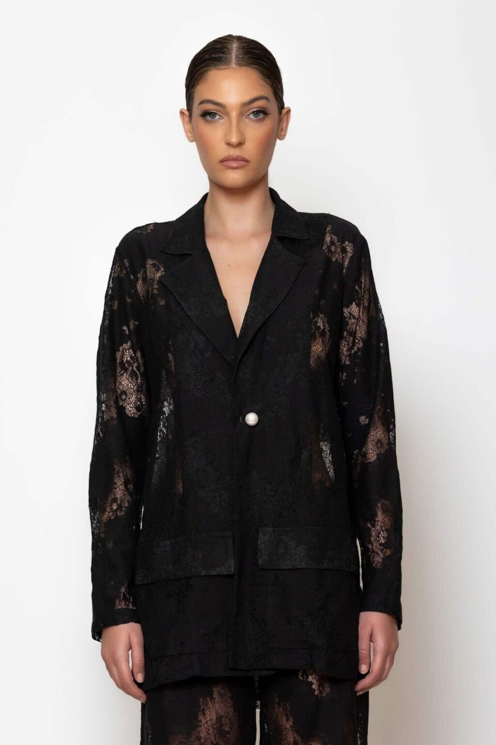 Black oversized sheer lace blazer